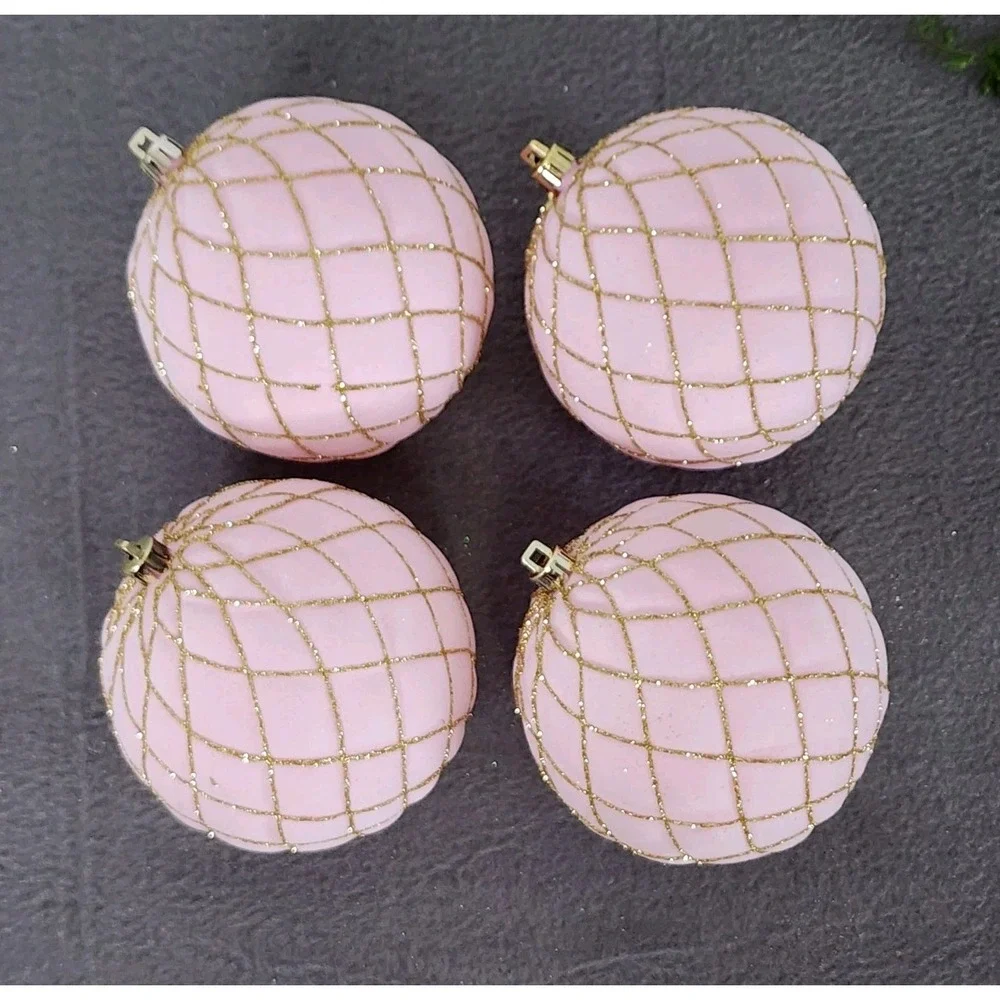 4 Pink Velvet Flocked Christmas Ball Ornaments Gold Glitter Plastic 4